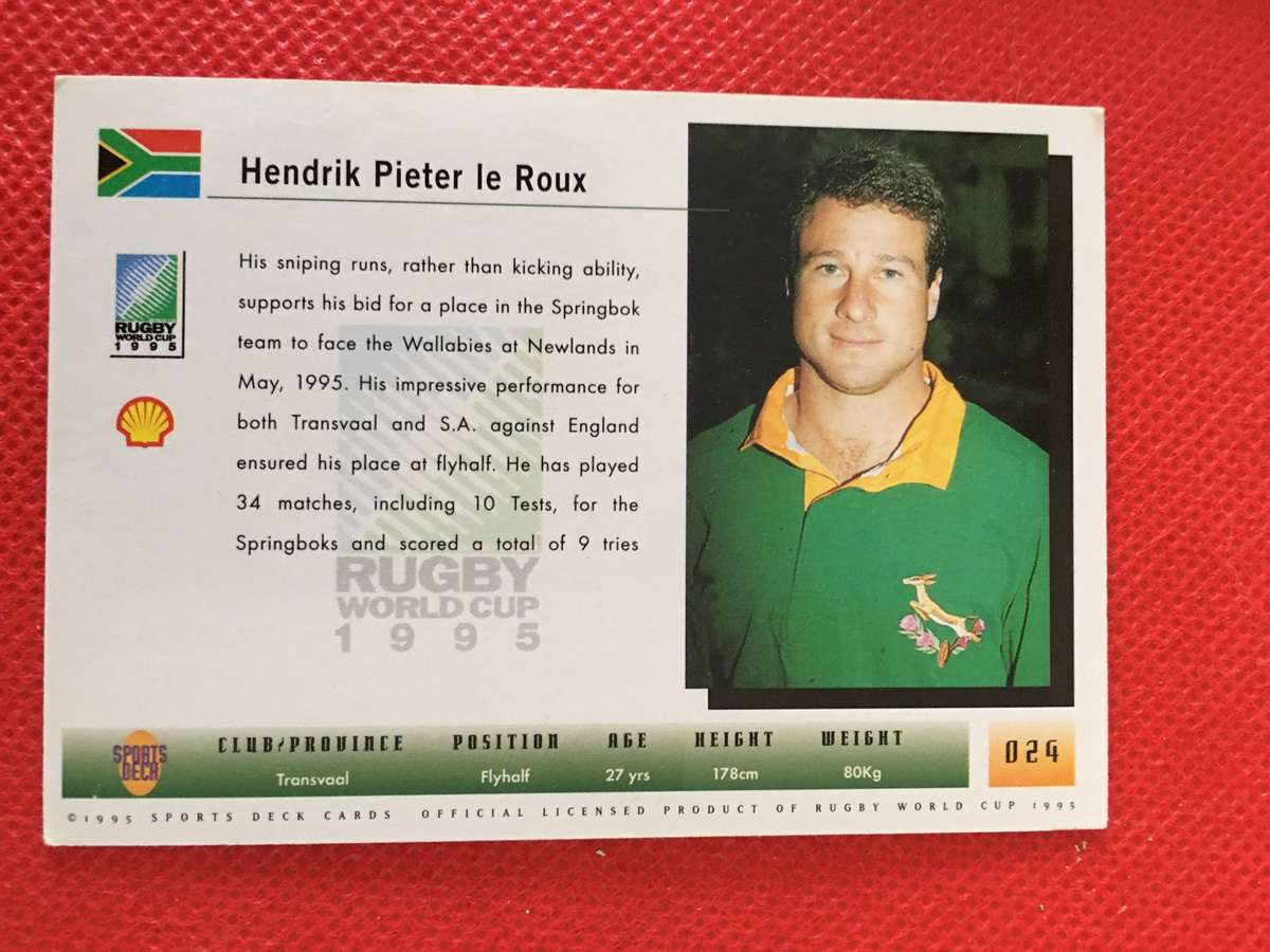 VINTAGE RUGBY TRADING CARD - SHELL - 1995 - HENNIE LE ROUX
