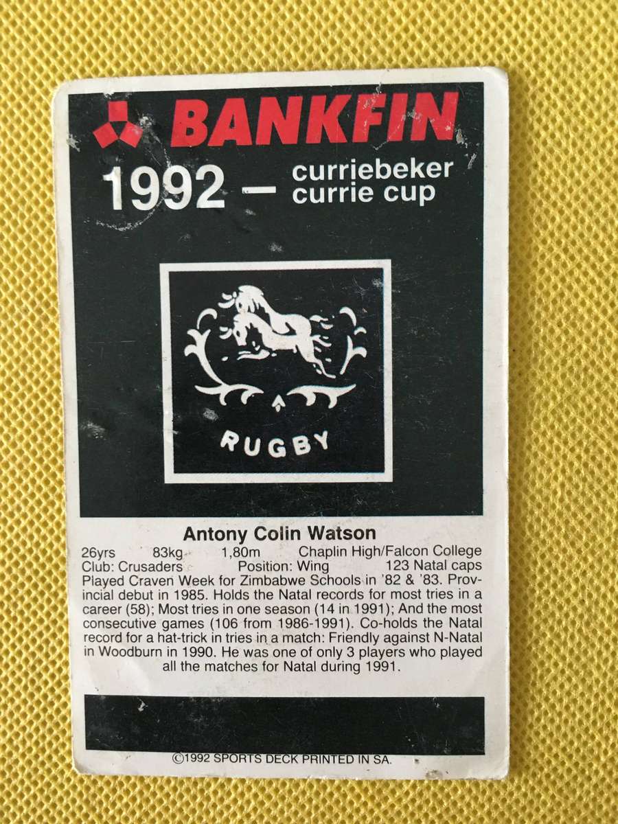 VINTAGE  RUGBY TRADING CARD - 1994 - BANKFIN CURRIE CUP - TONY WATSON