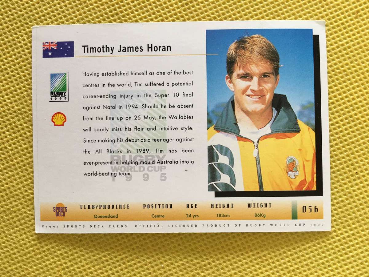 VINTAGE RUGBY TRADING  CARD - 1995 - WORLD RUGBY CUP - TIM HORAN