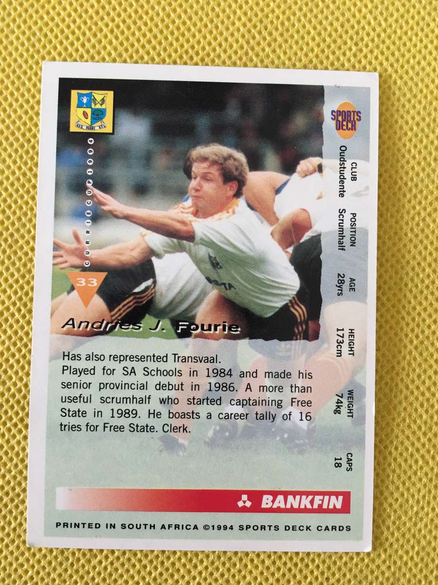 VINTAGE  RUGBY TRADING CARD - 1994 - BANKFIN CURRIE CUP - STOMPIE FOURIE