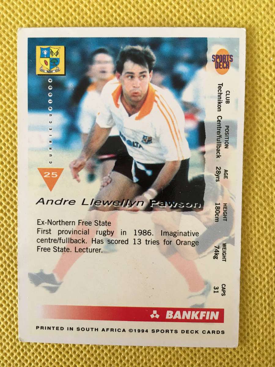 VINTAGE  RUGBY TRADING CARD - 1994 - BANKFIN CURRIE CUP - ANDRE PAWSON