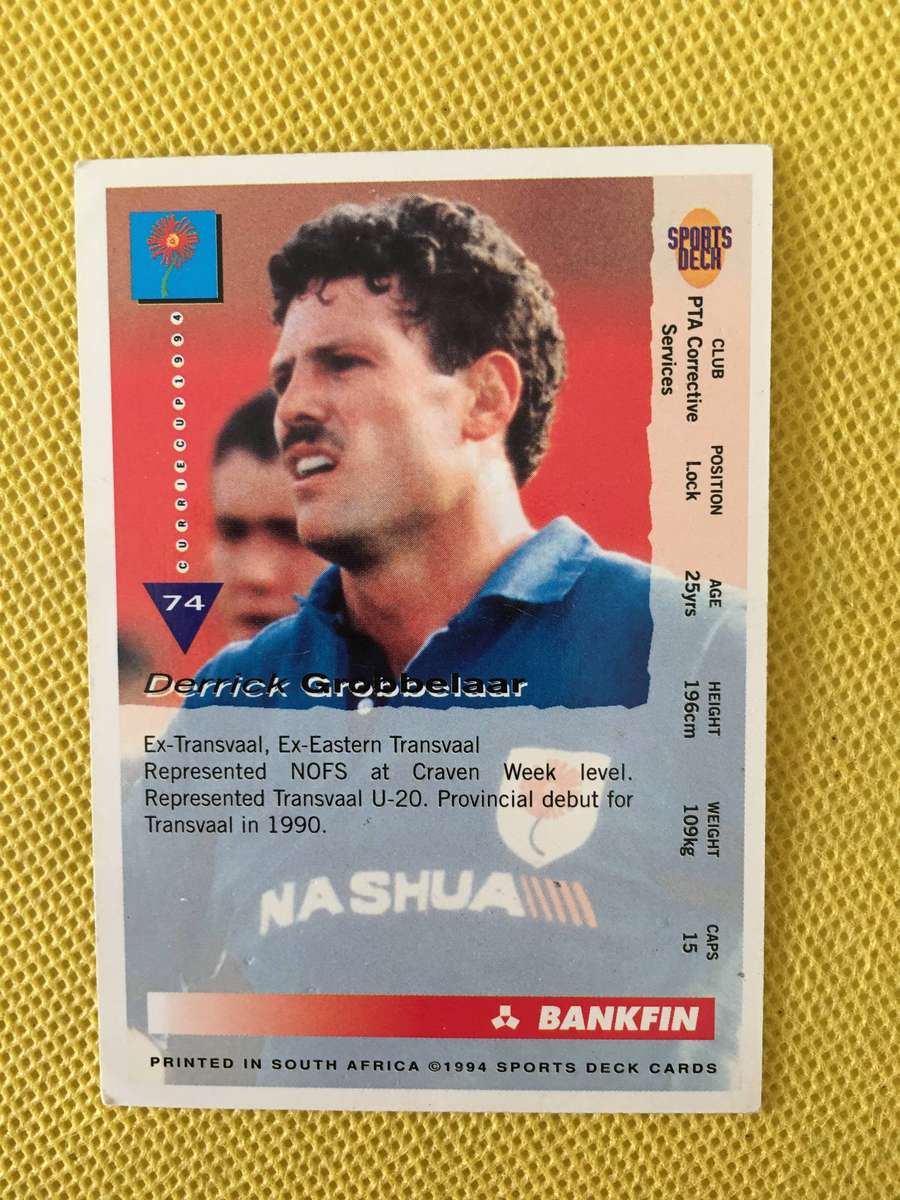VINTAGE RUGBY TRADING CARD - 1994 - BANKFIN - DEREK GROBBELAAR
