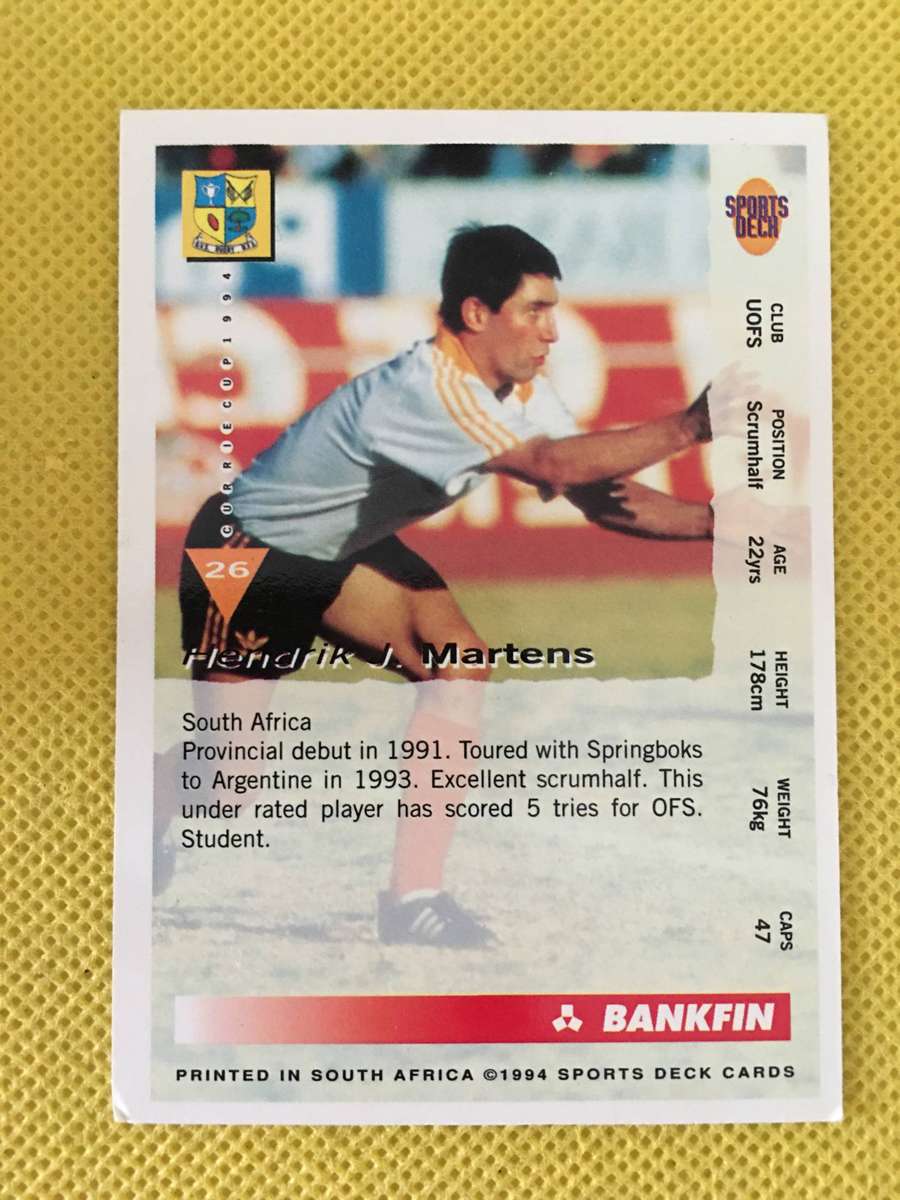 VINTAGE RUGBY TRADING CARD - 1994 - BANKFIN -  HENTIE MARTENS