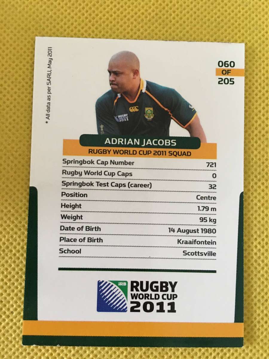 RUGBY TRADING CARD - 2011 - ADRIAN JACOBS