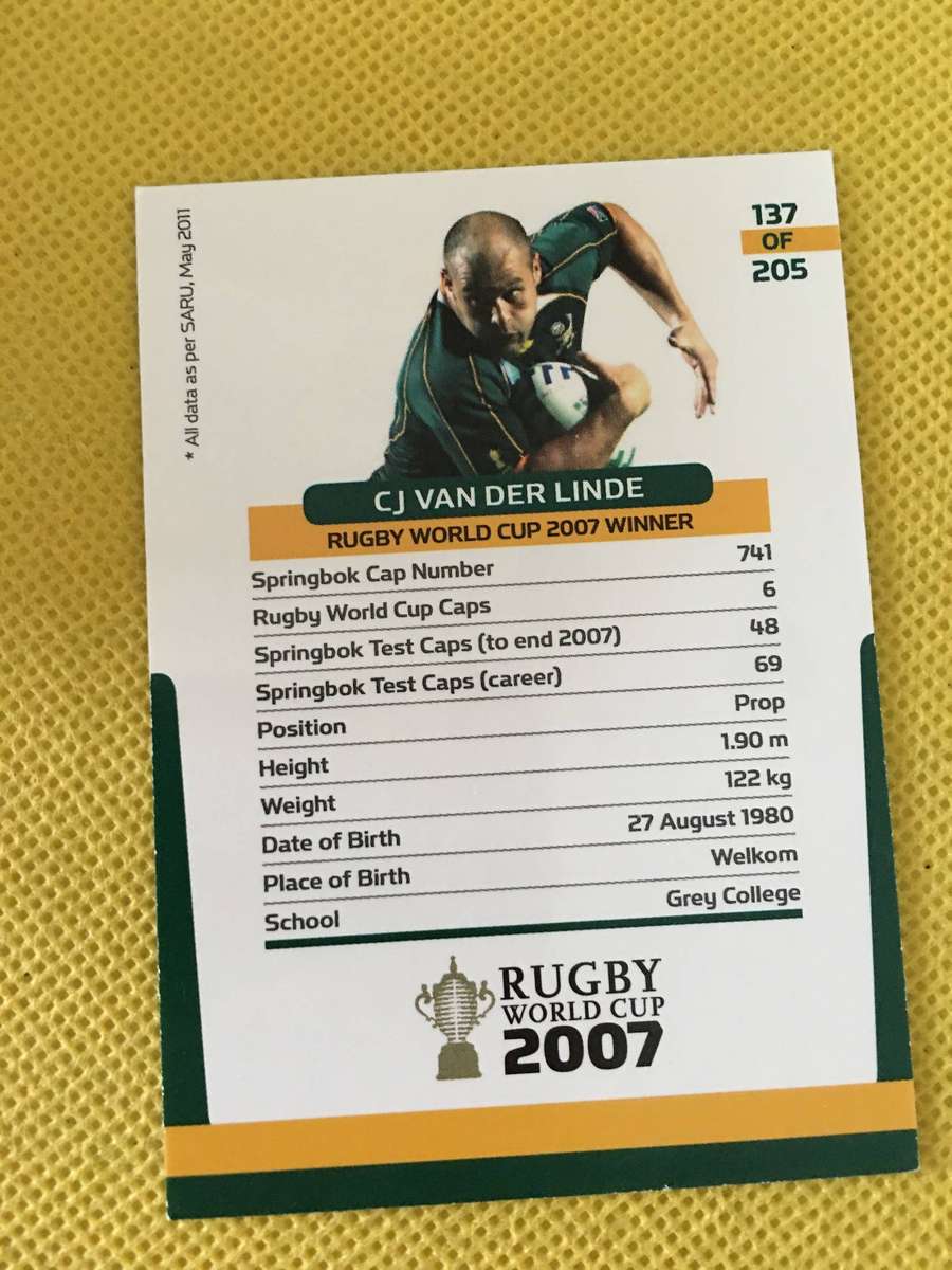 RUGBY TRADING CARD - SPRINGBOKS 2007 - CJ VAN DER LINDE