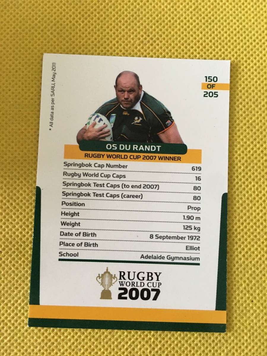 RUGBY TRADING CARD - SPRINGBOKS - OS DU RANDT