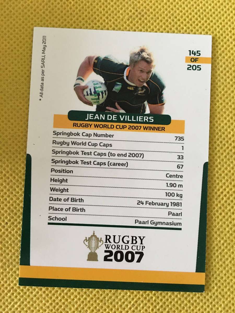 RUGBY TRADING CARD SPRINGBOKS - 2007 - JEAN DE VILLIERS