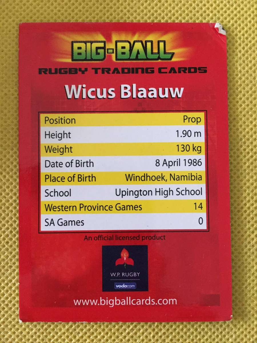 RUGBY TRADING CARD - WICUS BLAAUW