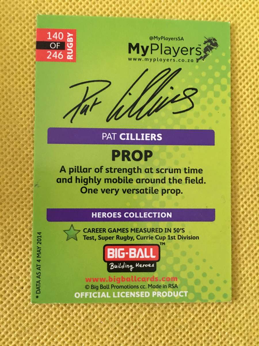 RUGBY TRADING BIG BALL CARD - SIGNATURE SERIES - PAT CILLIERS