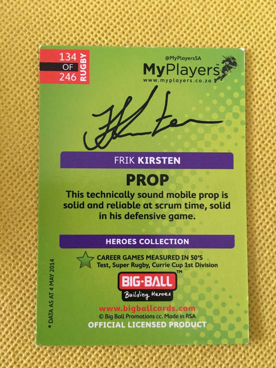 RUGBY TRADING CARD BIG BALL - SIGNATURE SERIES - FRIK KIRSTEN