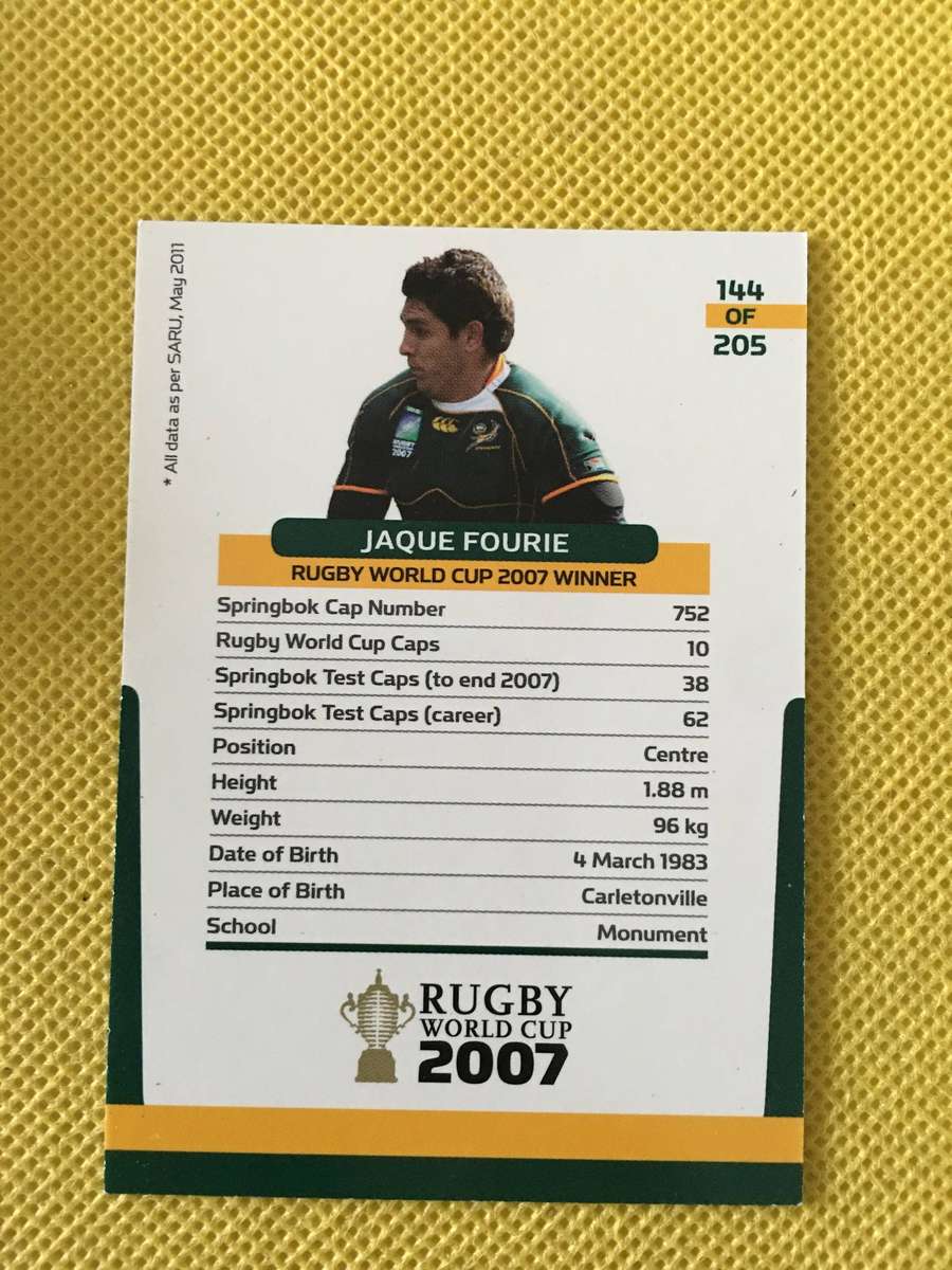 RUGBY TRADING CARD - SPRINGBOKS 2007 -  JAQUE FOURIE