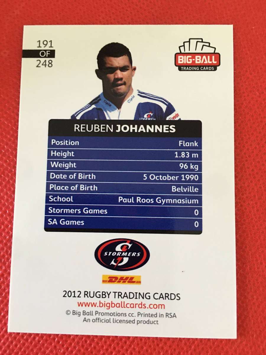 RUGBY TRADING CARD - REUBEN JOHANNES