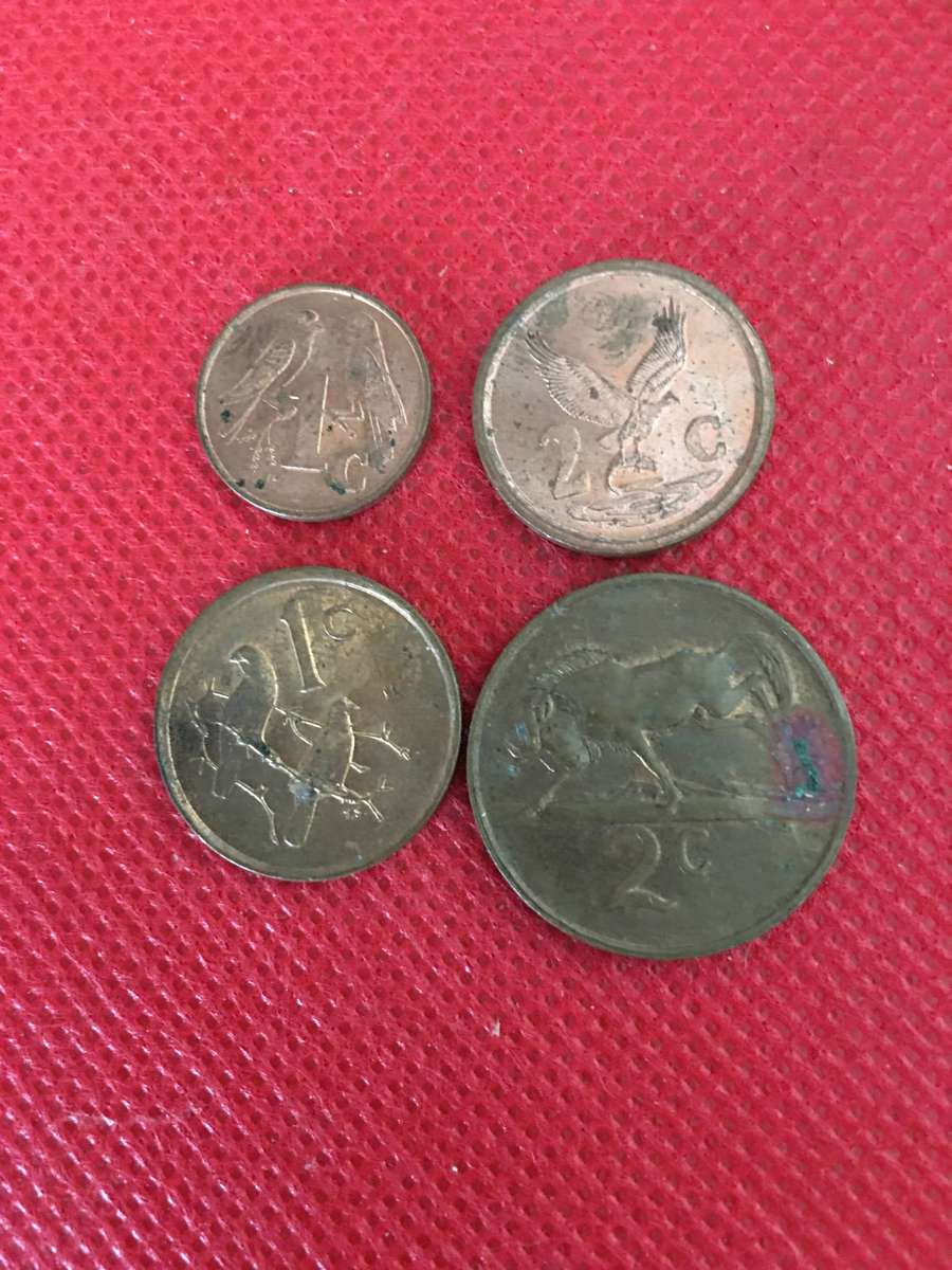 SOUTH AFRICA 2c x 2  -  1c x 2  - 4 COINS TWO MINI 1c AND 2c  COINS AND 2 REGULAR 1c AND 2c  - AA4
