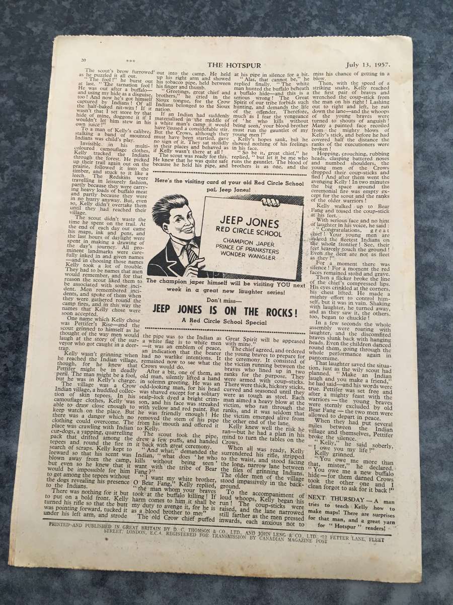 VINTAGE TO ANTIQUE - COMIC/ MAGAZINE - THE HOTSPUR - 1957