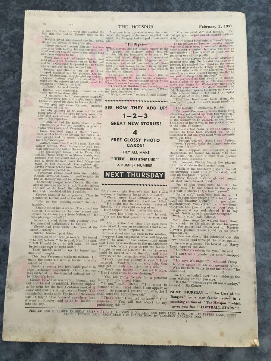 VINTAGE TO ANTIQUE - COMIC/ MAGAZINE - THE HOTSPUR - 1957