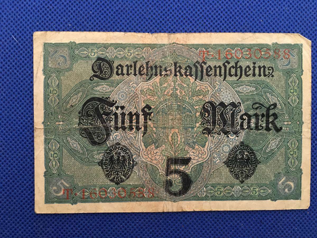 GERMANY FUNF MARK BANK NOTE 5 - 1917