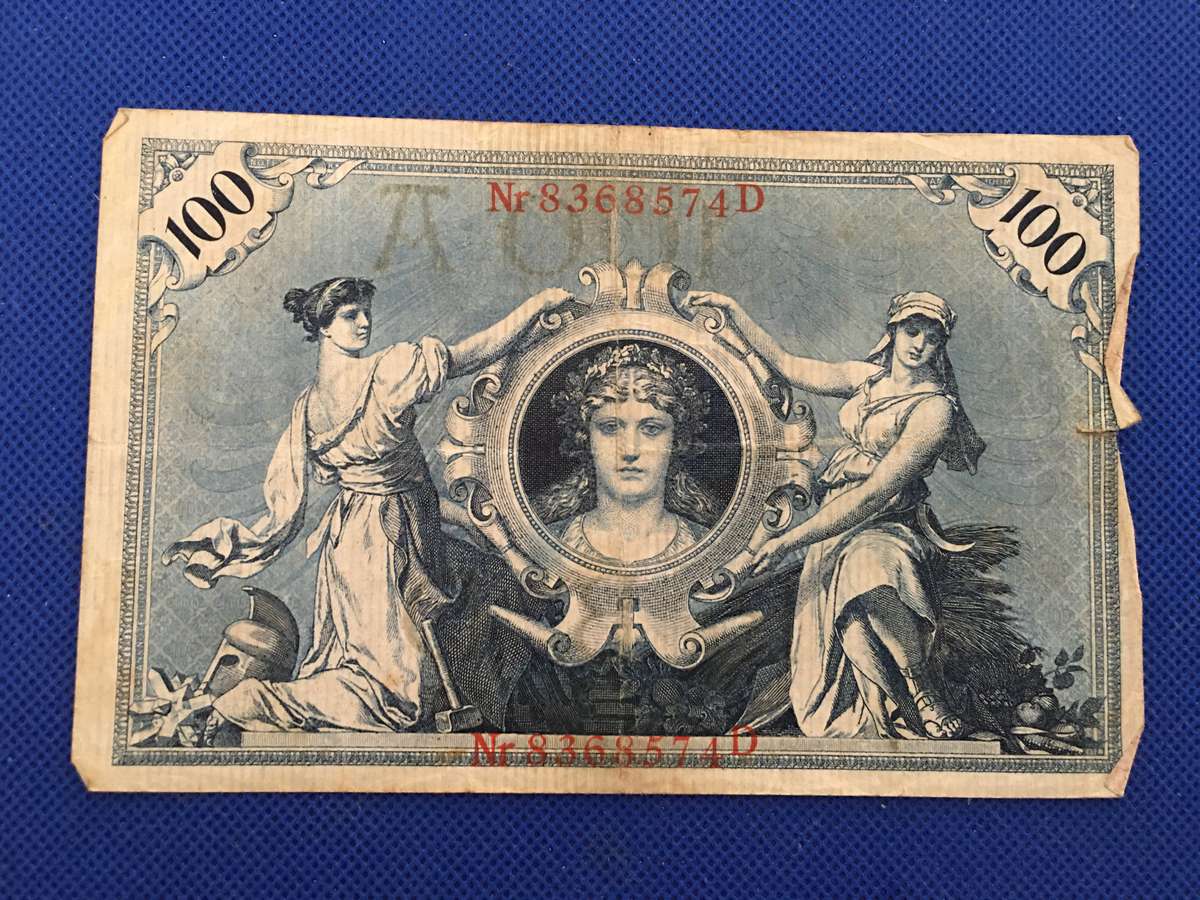 GERMANY ANTIQUE BANK NOTE 100 MARK - 1908 - RED SERIAL NUMBER - NR 8368574 D
