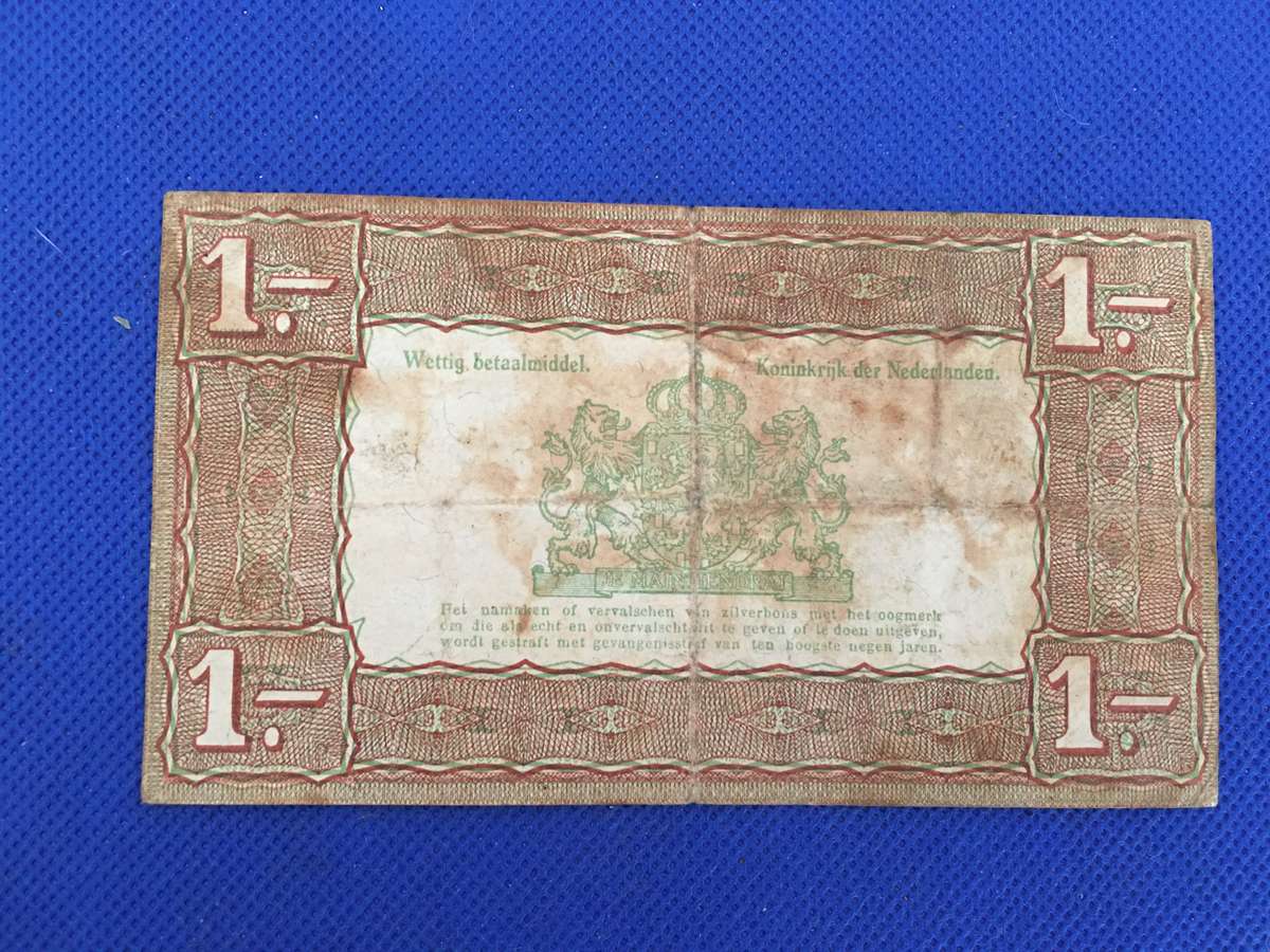 NETHERLANDS ZILVERBON 1 GULDEN BANK NOTE 1938