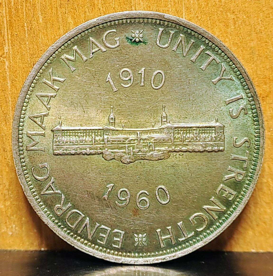 South African 5 Shilling Coin  1910 to 1960 Unity Is Strength Anniversary (Commemorative Silver)