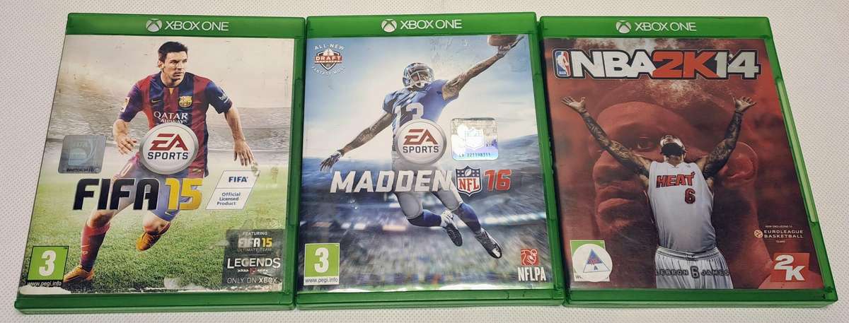 Xbox One Sports Game Bundle  FIFA 15, Madden NFL 16 & NBA 2K14 (Good Condition, Cases Damaged)