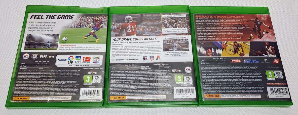 Xbox One Sports Game Bundle  FIFA 15, Madden NFL 16 & NBA 2K14 (Good Condition, Cases Damaged)