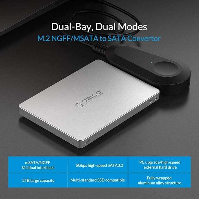 ORICO M.2(2230/2242/2260/2280) NGFF/MSATA(Input) to SATA Enclosure - Aluminium