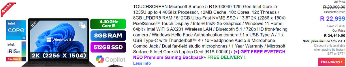 As New | Microsoft Surface Laptop 13.5' 2K Touch Display 12th Gen i5, 8GB Ram, 256SSD | Boxed