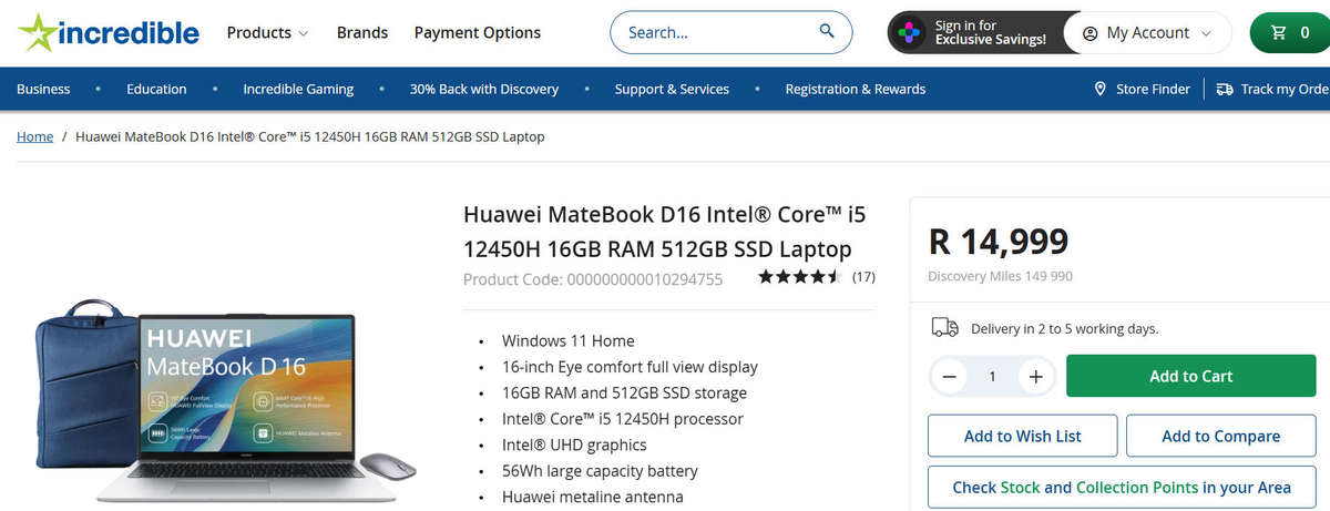 HUAWEI Matebook MCLF-X D16 | 12th gen i5, 8GB Ram, 512GB SSD, 16' Display