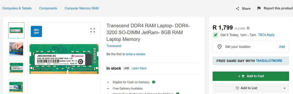 Transcend JetRam 8GB DDR4 3200MHz SO-DIMM Laptop Memory Module - Brand new sealed