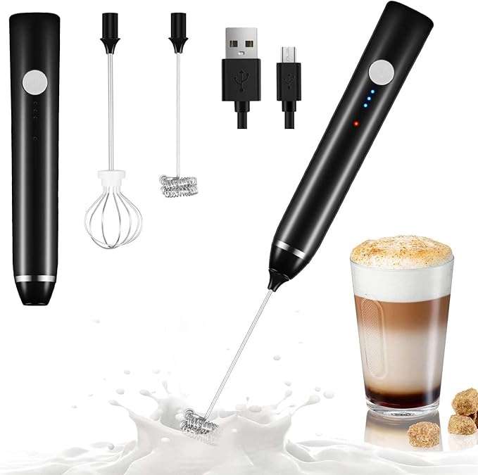1200mAh USB rechargeable electric foam maker, 3 speeds with 2 whisks, available in black and white
