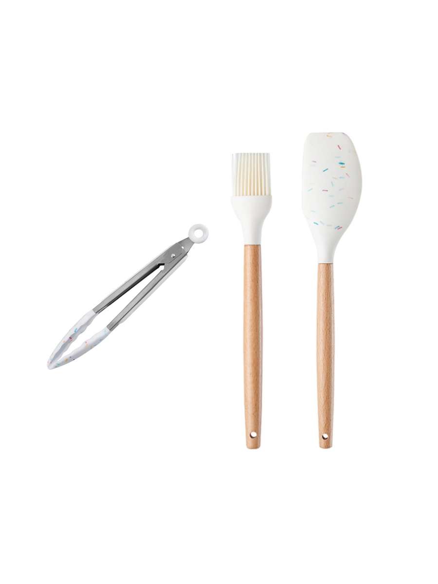 3Pc White confetti speckled silicone baking set, with wooden handle