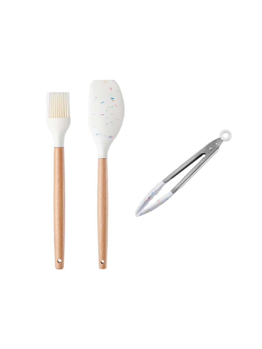 3Pc White confetti speckled silicone baking set, with wooden handle