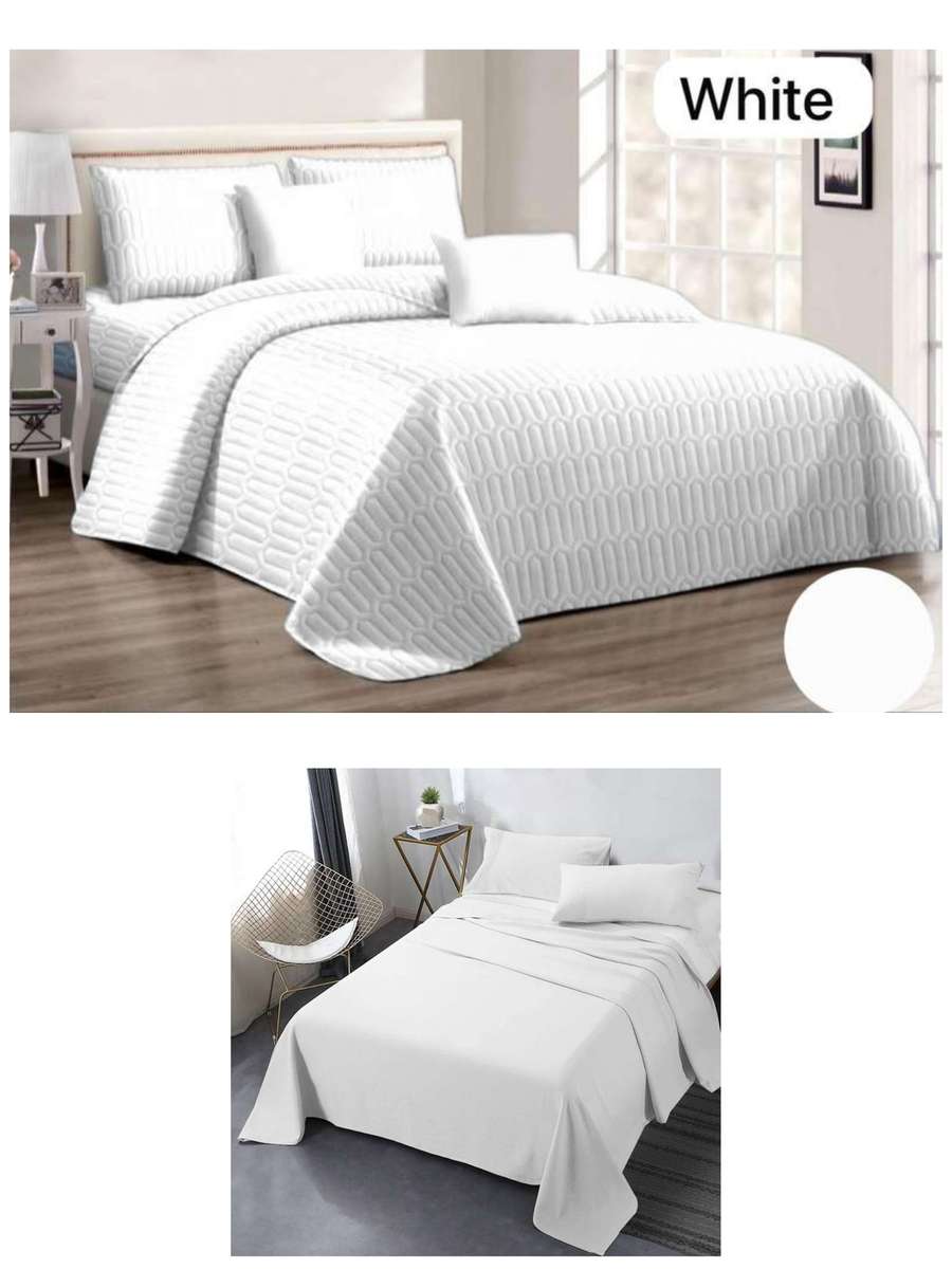9Pc Queen Bed Set, with 5Pc White Queen Bedspread Set, and 4Pc White Sheet Set (Queen)