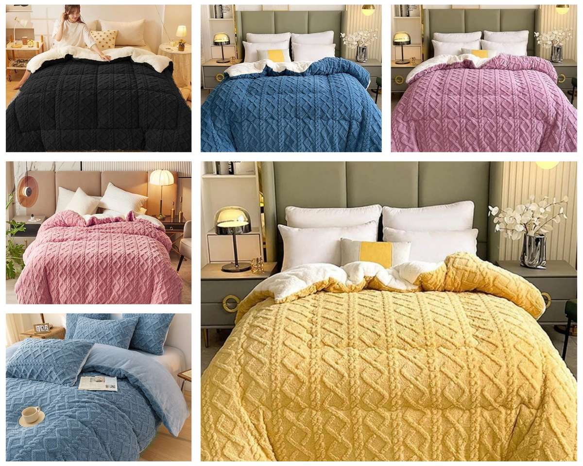 5Pc Geometric Comforter Set, with 2 Std+ 2 Conti Pillowcases, White Sherpa Wool Underneath