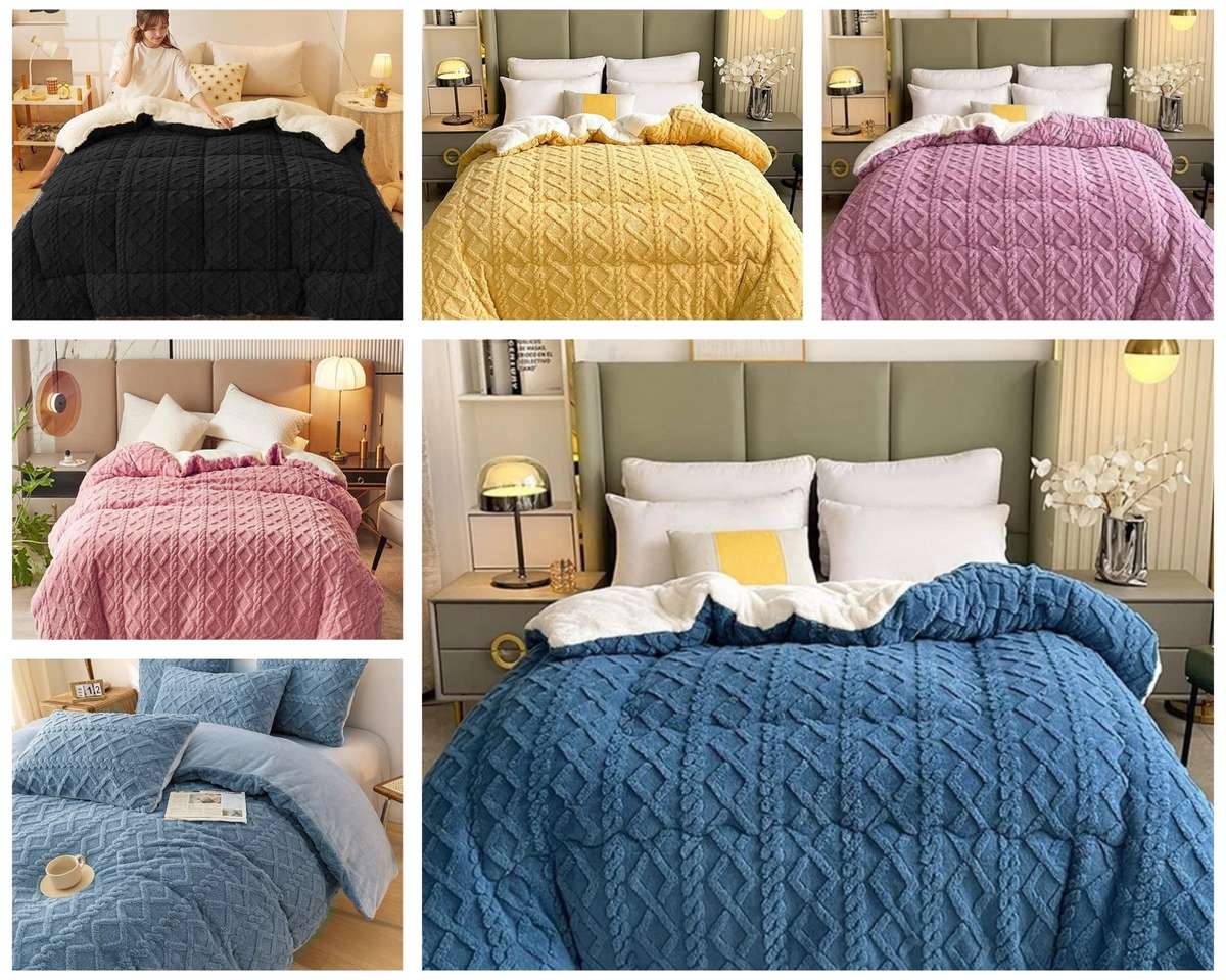 5Pc Geometric Comforter Set, with 2 Std+ 2 Conti Pillowcases, White Sherpa Wool Underneath