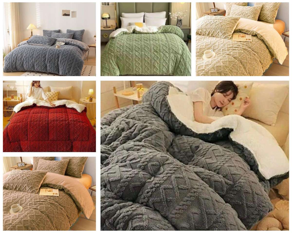 5Pc Geometric Comforter Set, with 2 Std+ 2 Conti Pillowcases, White Sherpa Wool Underneath
