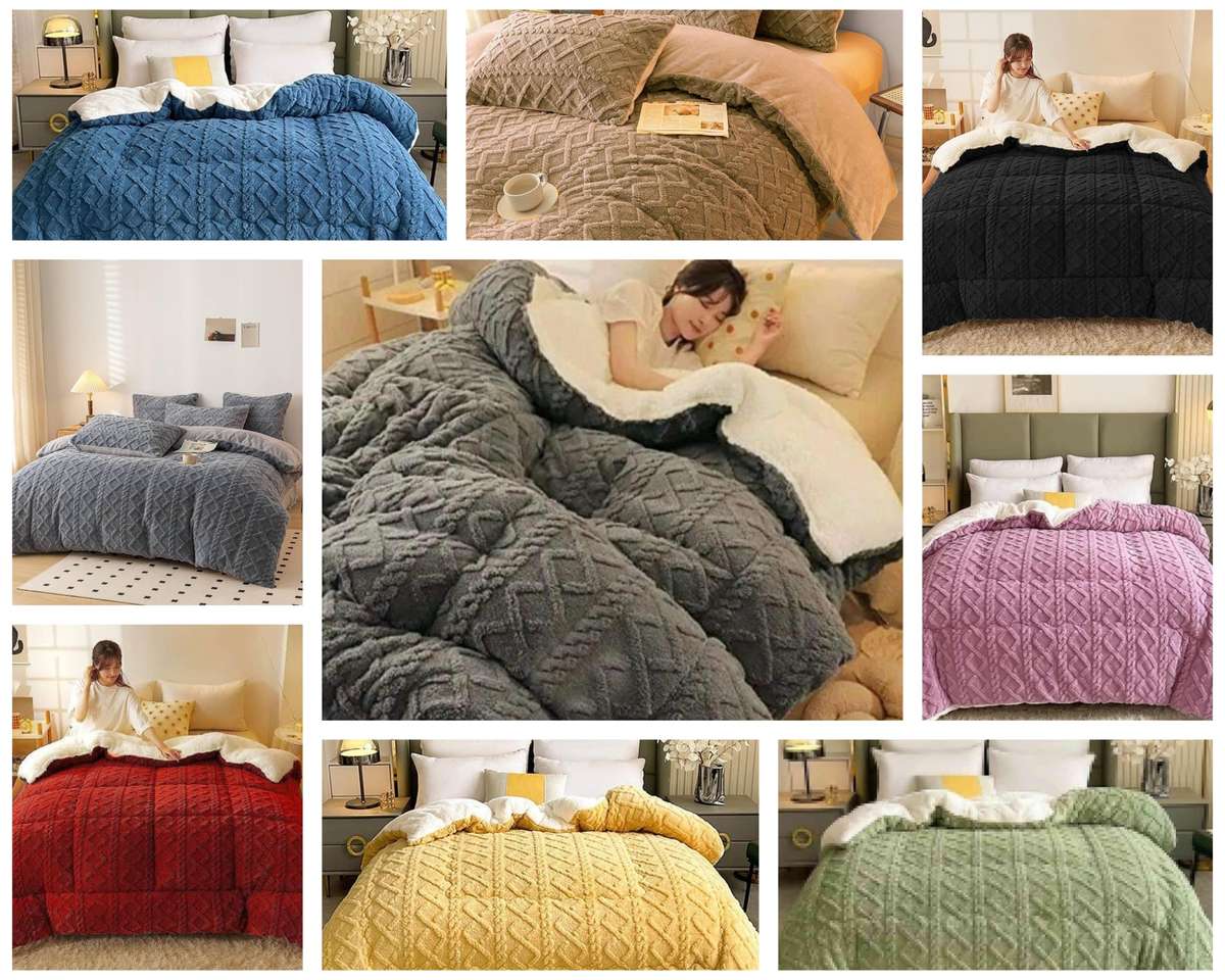 5Pc Geometric Comforter Set, with 2 Std+ 2 Conti Pillowcases, White Sherpa Wool Underneath