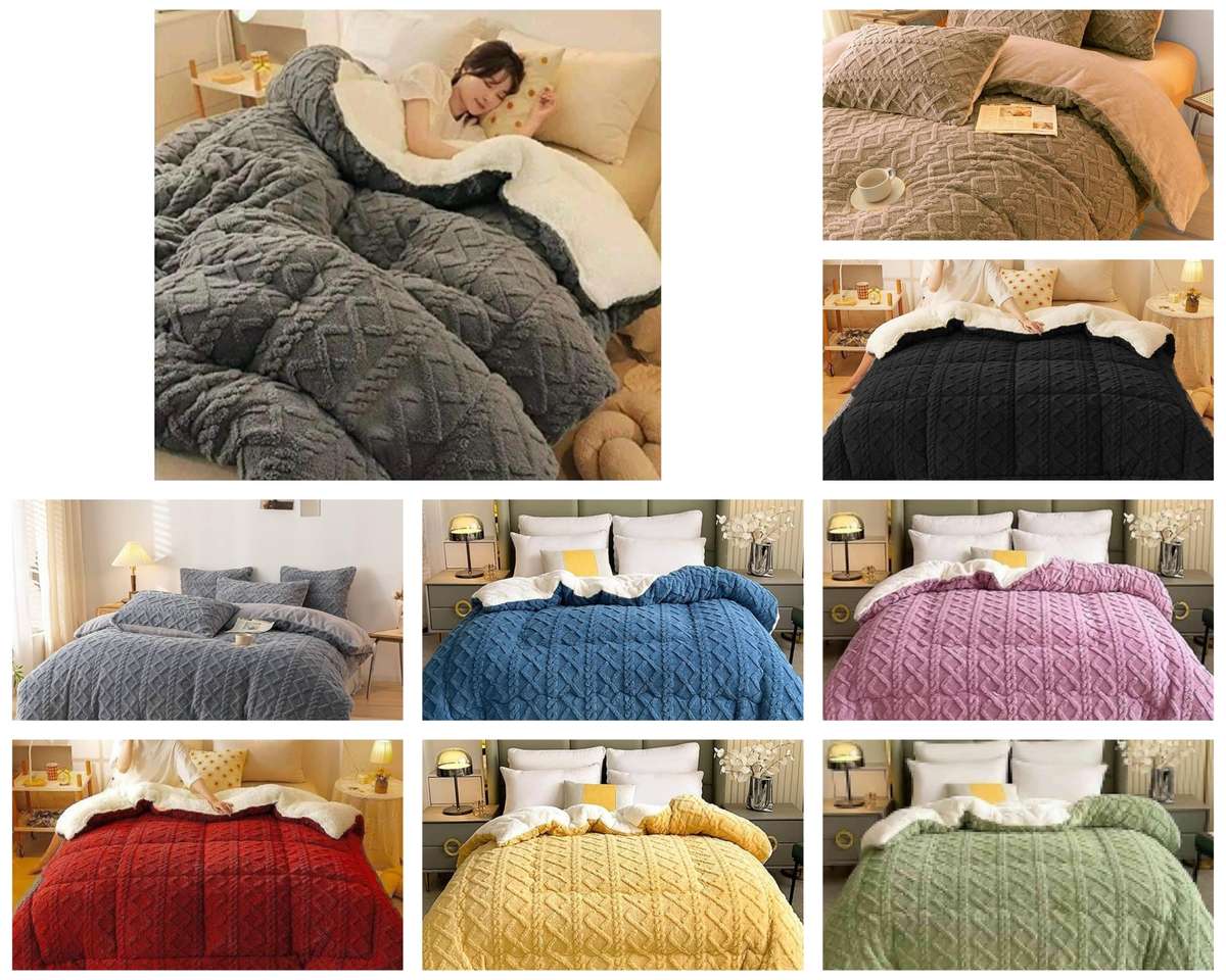5Pc Geometric Comforter Set, with 2 Std+ 2 Conti Pillowcases, White Sherpa Wool Underneath