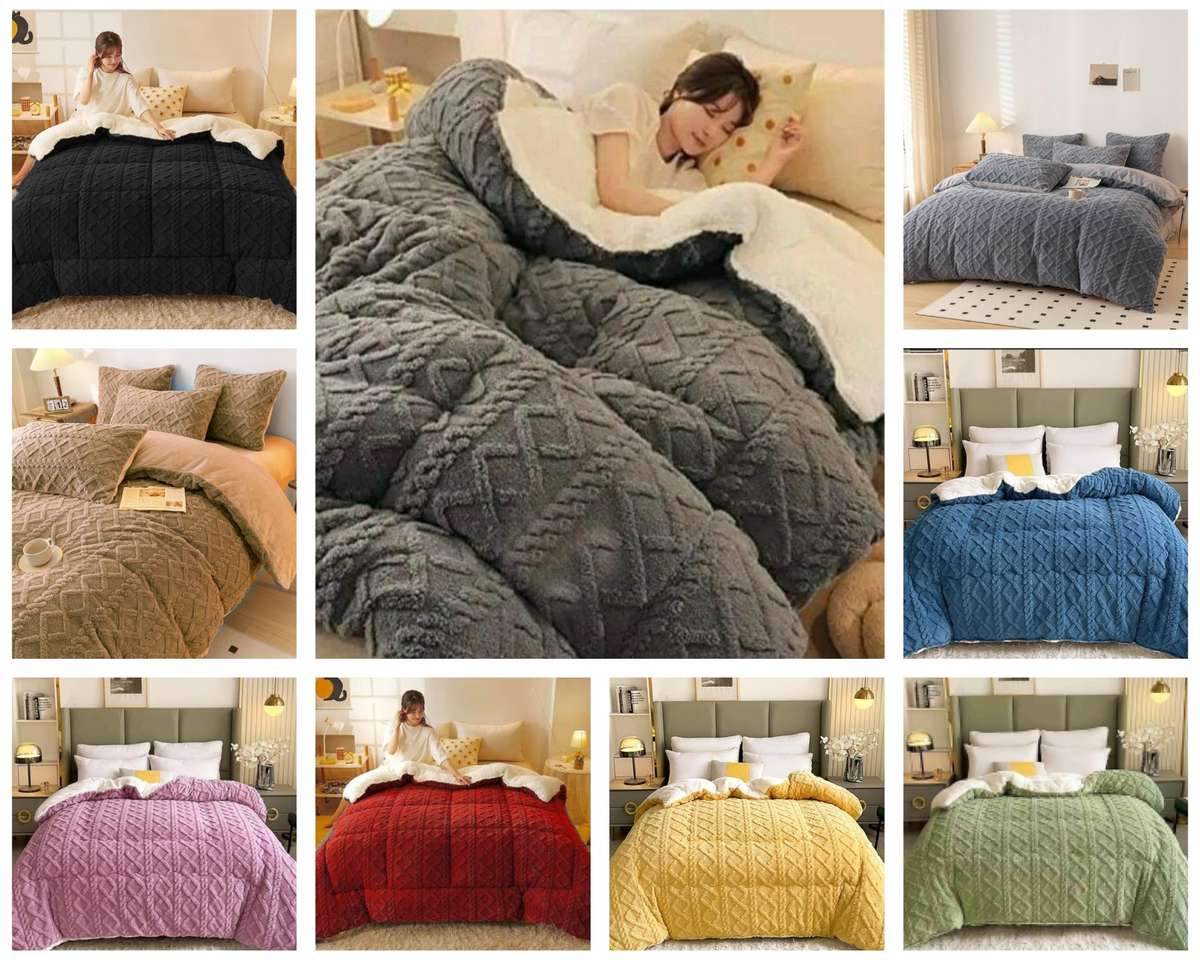 5Pc Geometric Comforter Set, with 2 Std+ 2 Conti Pillowcases, White Sherpa Wool Underneath