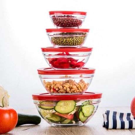 5Pcs Glass Bowls Set, with Lids, available in red, green, yellow, blue, or white