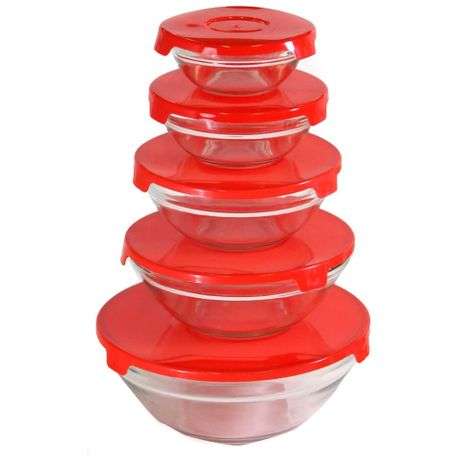 5Pcs Glass Bowls Set, with Lids, available in red, green, yellow, blue, or white