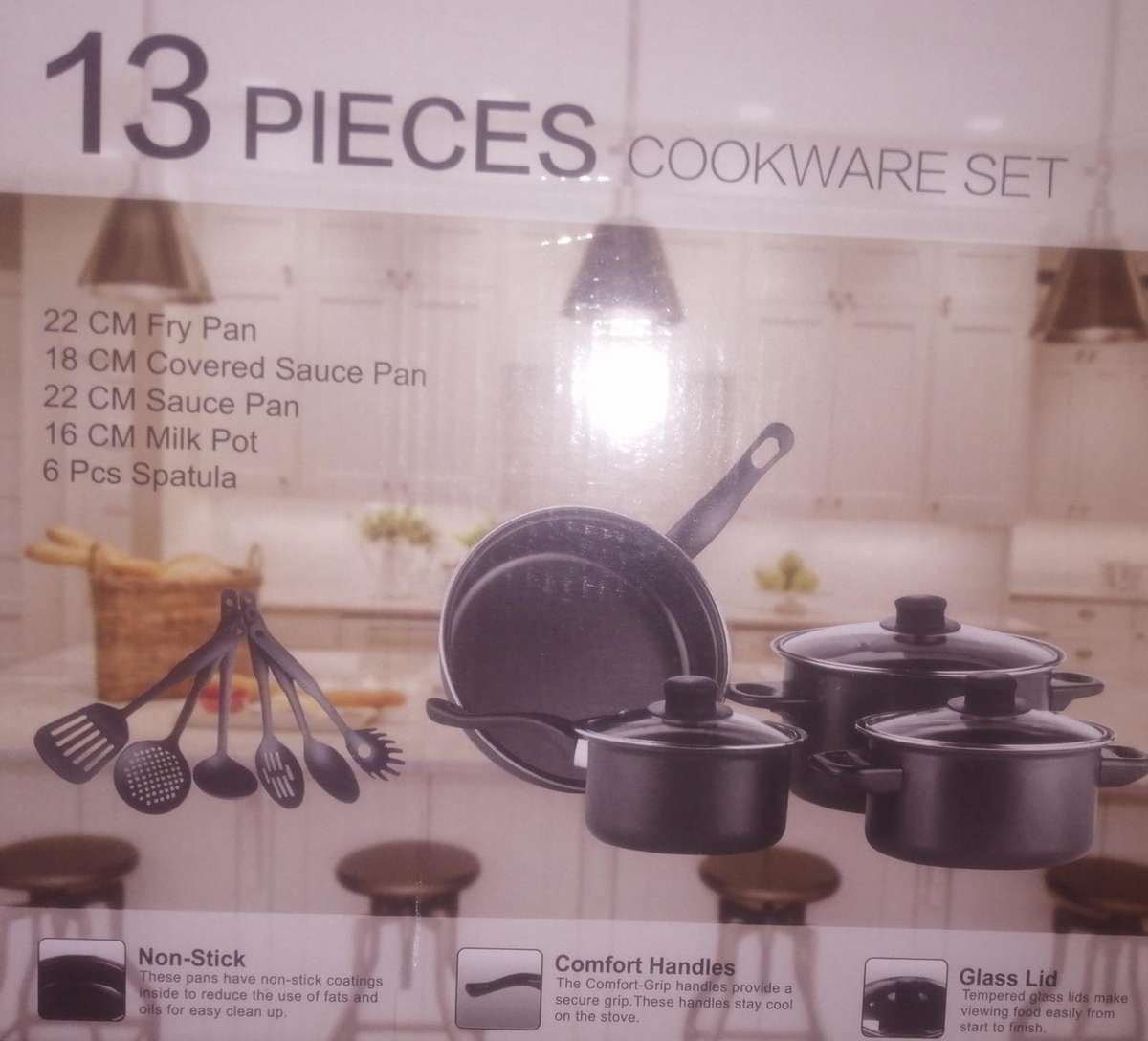 13 Piece Cookware and Utensil Set Non-Stick, glass lids
