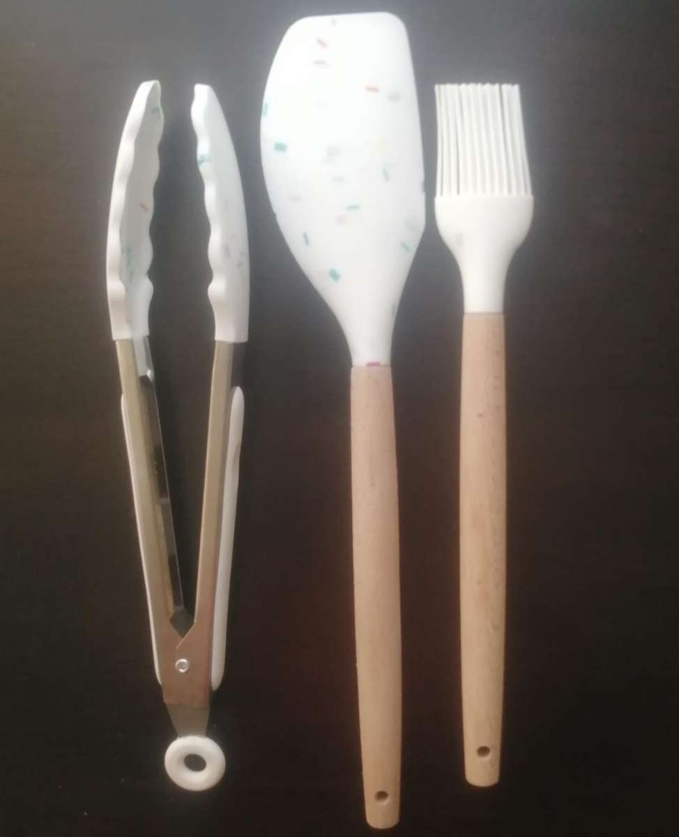 3Pc White confetti speckled silicone baking set, with wooden handle