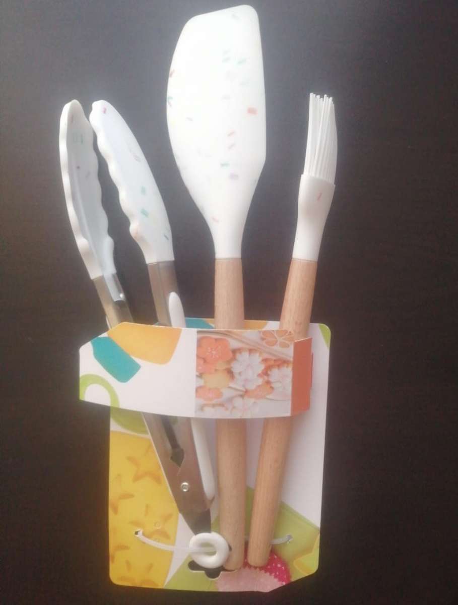 3Pc White confetti speckled silicone baking set, with wooden handle