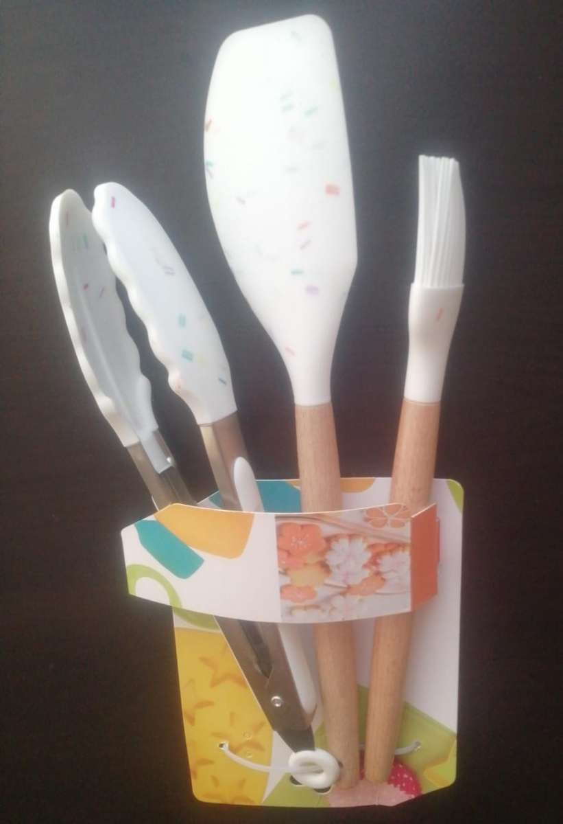 3Pc White confetti speckled silicone baking set, with wooden handle