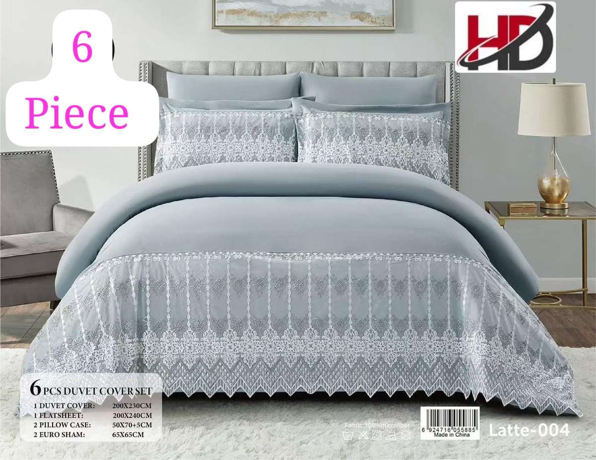 6pc Queen set, duvet cover, flat sheet, 2 standard pillow cases, 2 scatter cushion cases, latte grey