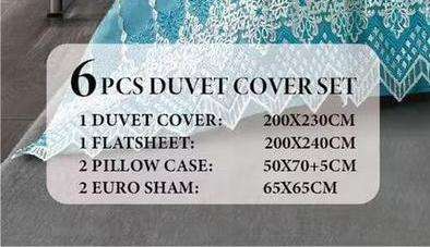 6pc King set, duvet cover, flat sheet, 2 standard pillow cases, 2 scatter cushion cases, latte blue