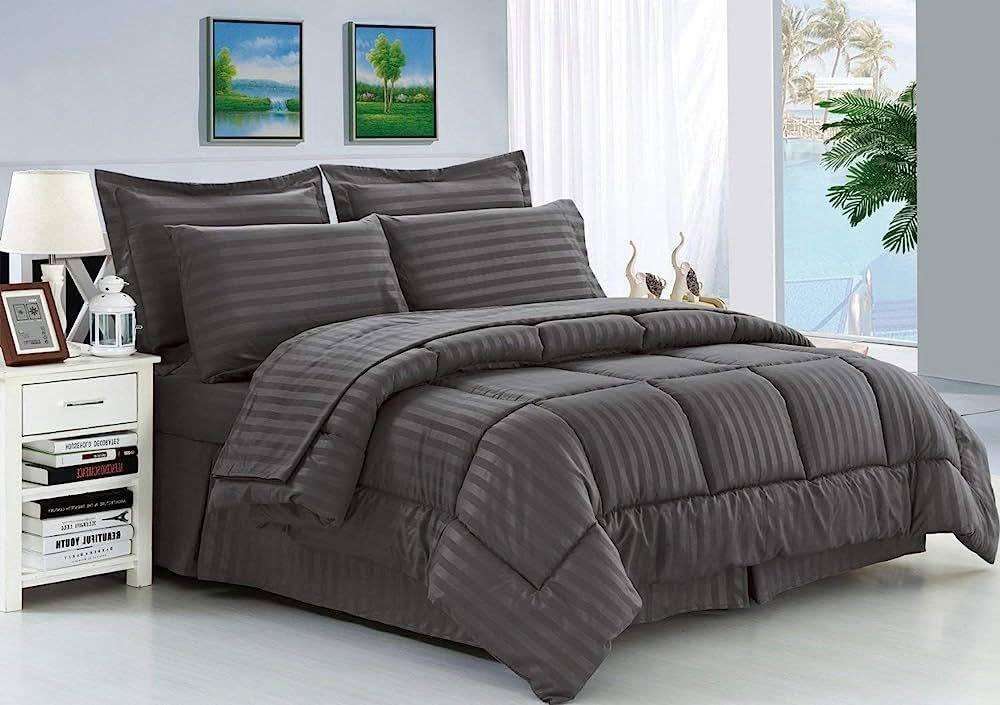 5Pc Queen to King Grey Comforter Set, Includes 2std pillow cases, 2conti pillow cases, 1 comforter