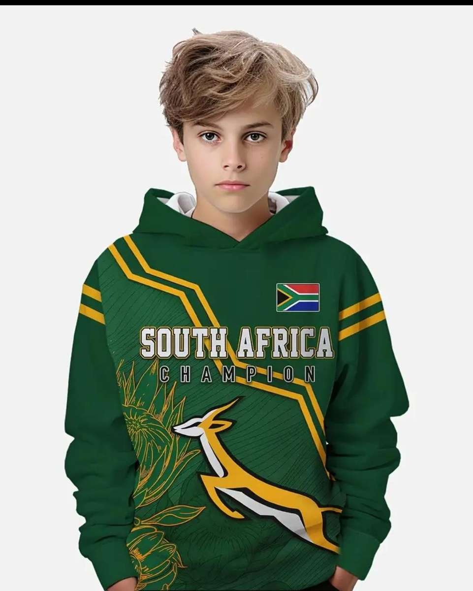 South Africa Champion Themed Kids Hoodie - Casual Polyester Knit Fabric Sweatshirt