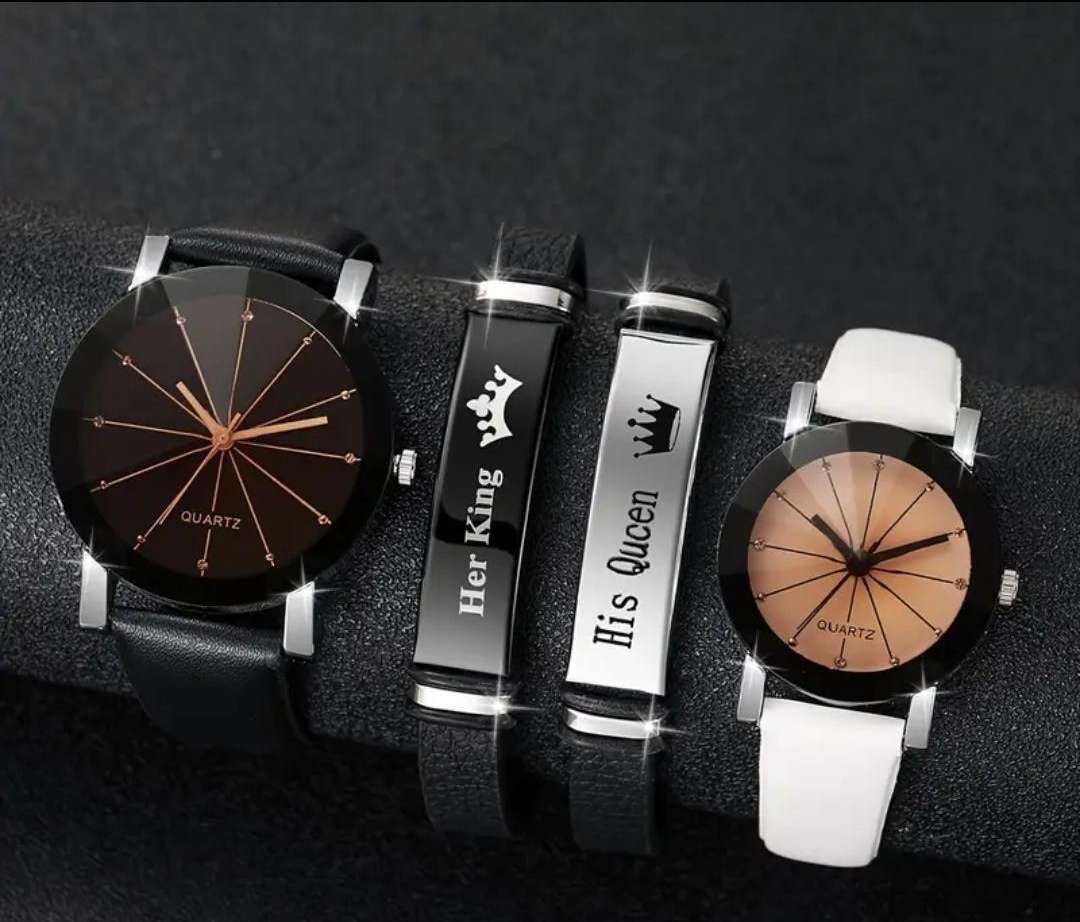 4pcs/set Couple Quartz Watch Analog PU Leather Wrist Watch & Bracelet